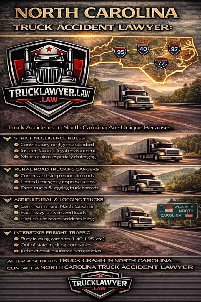 Vertical infographic titled “North Carolina Truck Accident Lawyer” featuring the TruckLawyer.Law logo, a map of North Carolina highlighting major trucking corridors (I-40, I-95, I-77, and I-87), and visuals of semi-trucks on highways. The infographic summarizes unique aspects of North Carolina truck accidents, including strict contributory negligence laws, rural road and mountain driving dangers, agricultural and logging truck risks, and heavy interstate freight traffic, with a call to contact a North Carolina truck accident lawyer.