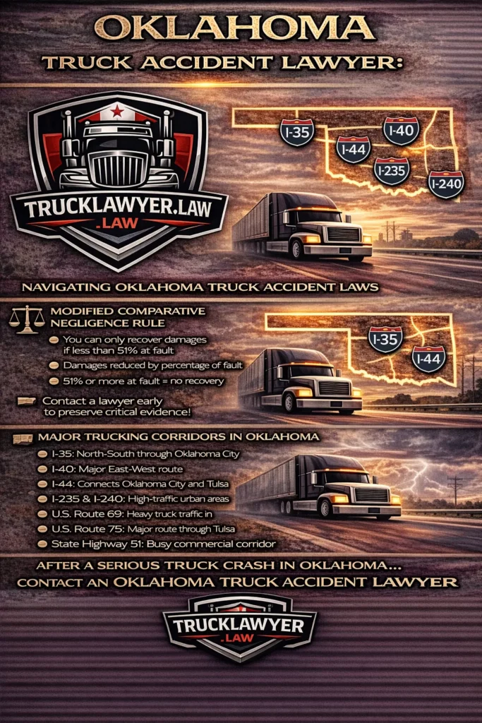 Infographic titled “Oklahoma Truck Accident Lawyer” featuring the TruckLawyer.Law logo, an Oklahoma state outline with major trucking highways labeled (I-35, I-40, I-44, I-235, and I-240), and illustrations of commercial trucks. The graphic summarizes Oklahoma truck accident laws, including the modified comparative negligence rule, key trucking corridors, and a call to contact an Oklahoma truck accident lawyer after a serious truck crash.