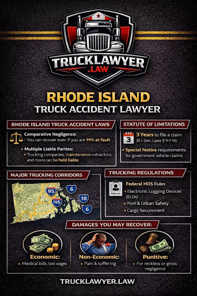 Infographic summarizing Rhode Island truck accident law, featuring the TruckLawyer.Law logo and outlining key information such as pure comparative negligence rules, the three-year statute of limitations, major trucking corridors including I-95, I-195, Route 6, and Route 10, applicable federal trucking regulations, and the types of damages available to truck accident victims.