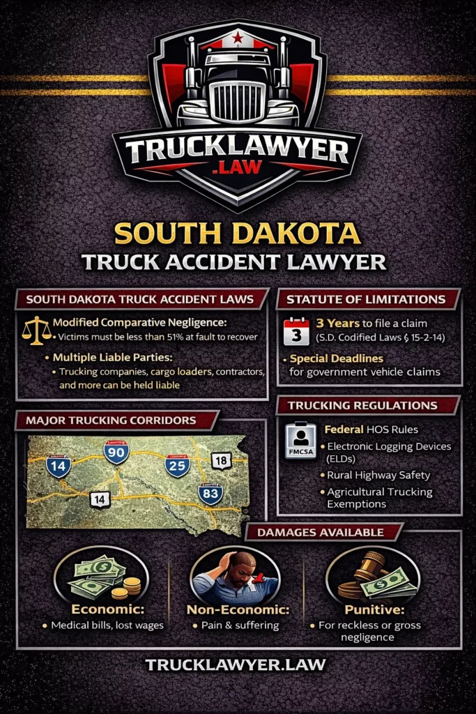 Infographic outlining South Dakota truck accident law, featuring the TruckLawyer.Law logo and summarizing key information such as modified comparative negligence rules, the three-year statute of limitations, major trucking corridors including I-90, I-29, U.S. Highway 83, and U.S. Highway 14, applicable federal trucking regulations, and the types of damages available to truck accident victims.